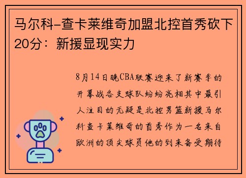 马尔科-查卡莱维奇加盟北控首秀砍下20分：新援显现实力